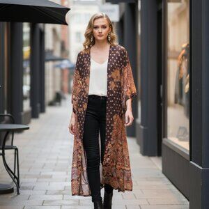 Angie Open Maxi Cardigan Coat in Brown, Yellow, Orange Paisley Print- S-XL